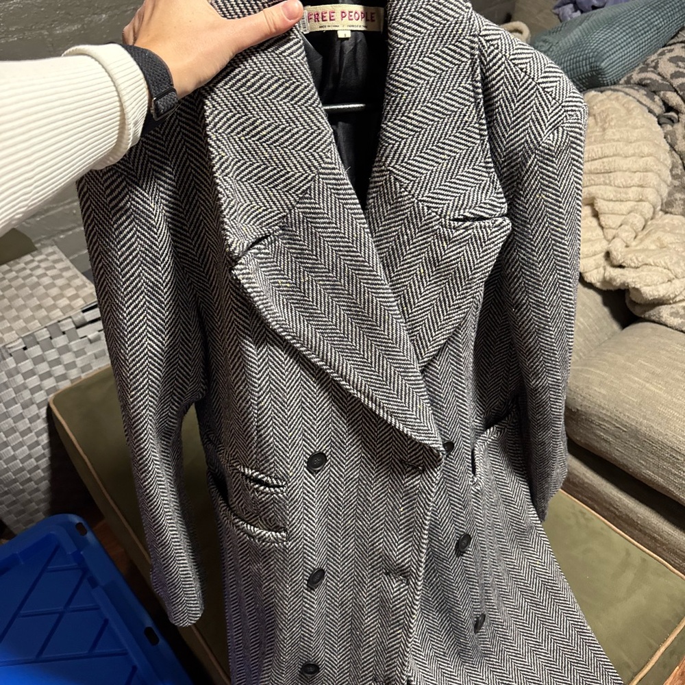 Free People Women's Black and White Herringbone Trench Coat NWOT